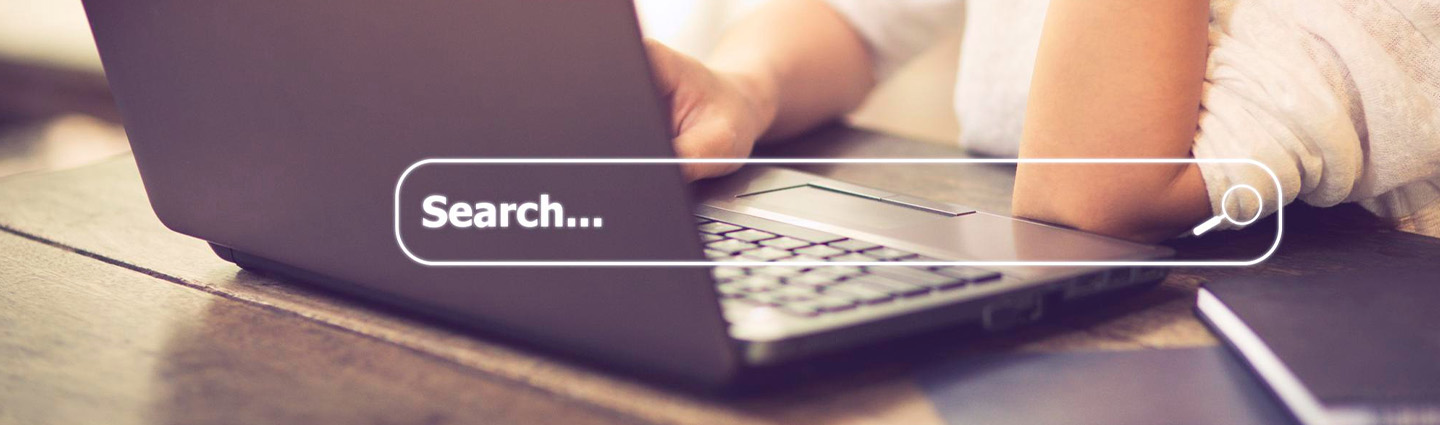 Woman using laptop with keyword search overlay on top